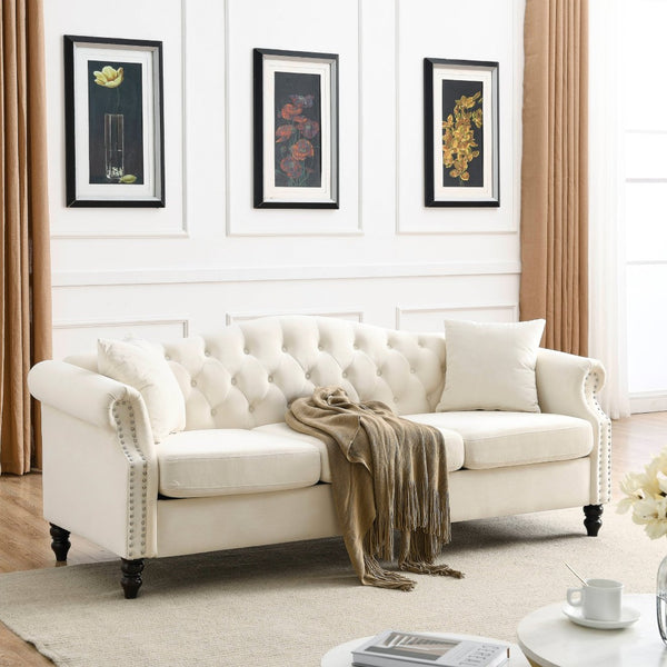English Elm Elegant 79" Chesterfield Sofa In Beige Velvet - 3-Seater Couch With Tufted Design & Pillows W834S00118-GIGA