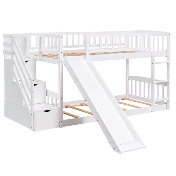 English Elm Stairway Twin Over Kids Bunk Bed with Storage Stairs Slide and White Finish LT100155AAK