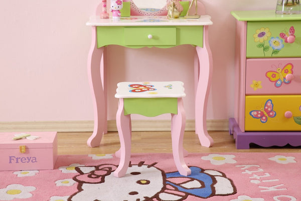 English Elm Kids Floral Girls Vanity Table and Stool Set with Storage for Bedroom Playroom B05367933