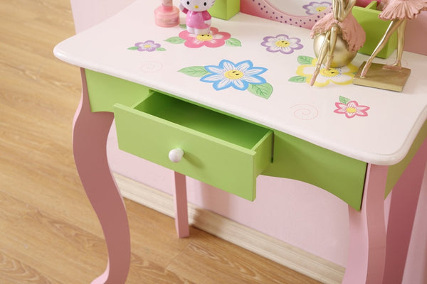 English Elm Kids Floral Girls Vanity Table and Stool Set with Storage for Bedroom Playroom B05367933