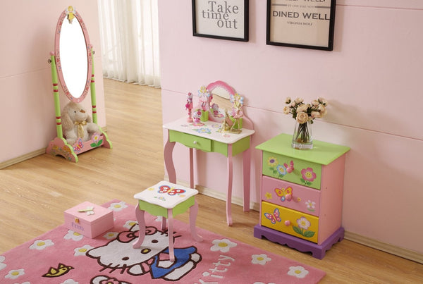 English Elm Kids Floral Girls Vanity Table and Stool Set with Storage for Bedroom Playroom B05367933