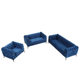 English Elm Modern 3-Piece Sofa Sets With Sturdy Metal Legs,Velvet Upholstered Couches Sets Including Three Seat Sofa, Loveseat and Single Chair For Living Room Furniture Set,Blue