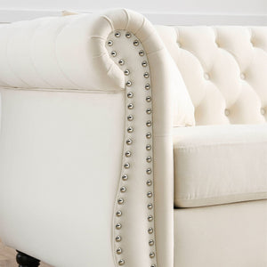 English Elm [video] Chesterfield Sofa Tufted Velvet with Nailhead Trim Rolled Arms Three Seat Living Room W834S00574