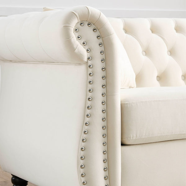 English Elm [video] Chesterfield Sofa Tufted Velvet with Nailhead Trim Rolled Arms Three Seat Living Room W834S00574