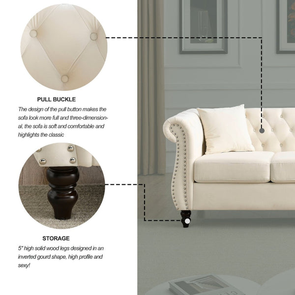 English Elm [video] Chesterfield Sofa Tufted Velvet with Nailhead Trim Rolled Arms Three Seat Living Room W834S00574
