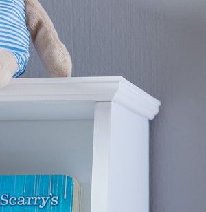 English Elm Kids White Mdf Bookcase with Hand Carved Detail Open Shelves and Drawers for Playroom B05367943
