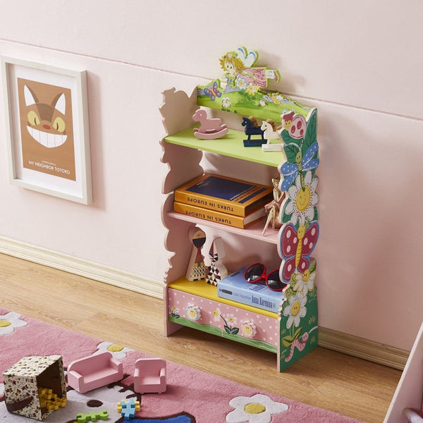 English Elm Kids Fairy Tale Floral Painted 3 Tier Bookcase with Drawers for Girls Playroom B05367936