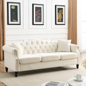 English Elm Elegant 79" Chesterfield Sofa In Beige Velvet - 3-Seater Couch With Tufted Design & Pillows W834S00118-GIGA
