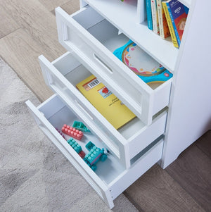 English Elm Kids White Mdf Bookcase with Hand Carved Detail Open Shelves and Drawers for Playroom B05367943