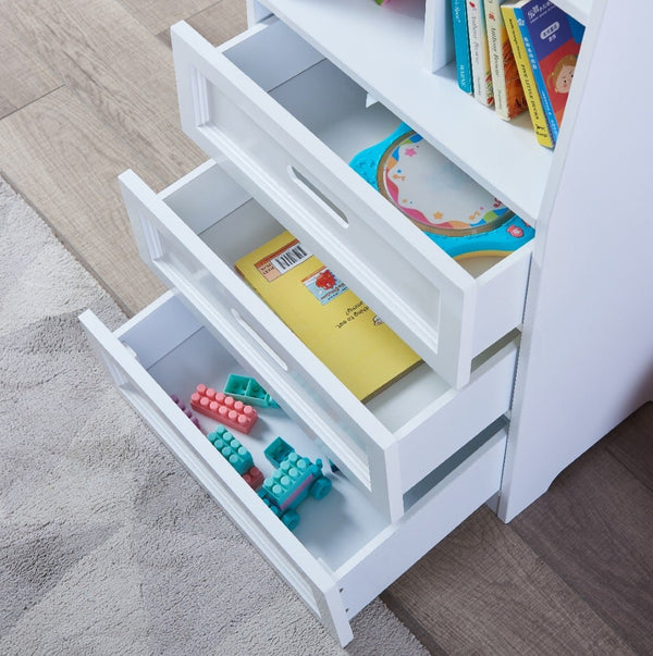 English Elm Kids White Mdf Bookcase with Hand Carved Detail Open Shelves and Drawers for Playroom B05367943