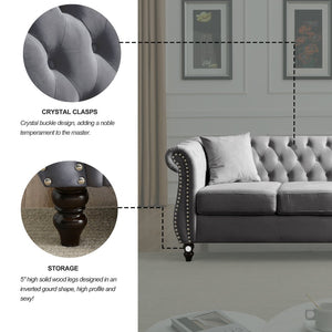 English Elm Elegant 80" Chesterfield Grey Velvet Sofa - 3-Seater Tufted Couch With Pillows For Any Room W834S00113-GIGA