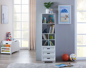 English Elm Kids White Mdf Bookcase with Hand Carved Detail Open Shelves and Drawers for Playroom B05367943