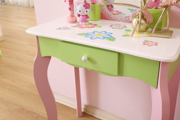 English Elm Kids Floral Girls Vanity Table and Stool Set with Storage for Bedroom Playroom B05367933