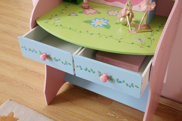 English Elm Kids Fairy Vanity Table with Chair Hand Carved Mdf Safe Mirror and Storage Drawers B05367937