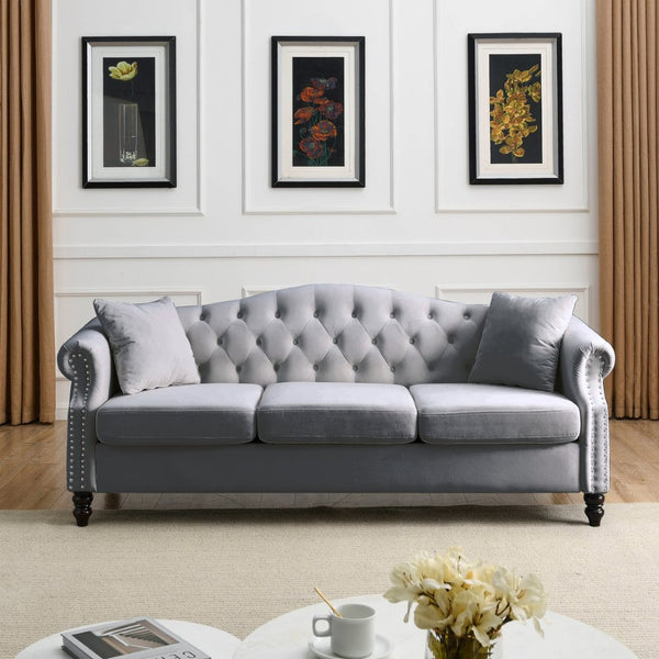 English Elm Elegant 79" Chesterfield Sofa In Soft Grey Velvet - 3 Seater Tufted Couch With Pillows W834S00117-GIGA
