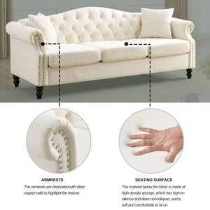 English Elm Elegant 79" Chesterfield Sofa In Beige Velvet - 3-Seater Couch With Tufted Design & Pillows W834S00118-GIGA