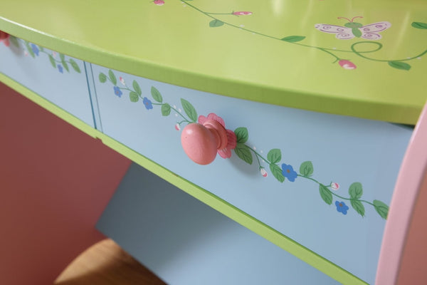 English Elm Kids Fairy Vanity Table with Chair Hand Carved Mdf Safe Mirror and Storage Drawers B05367937