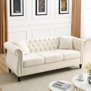 English Elm Elegant 80" Chesterfield Sofa In Plush Beige Velvet – 3-Seater Tufted Couch With Pillows W834S00114-GIGA