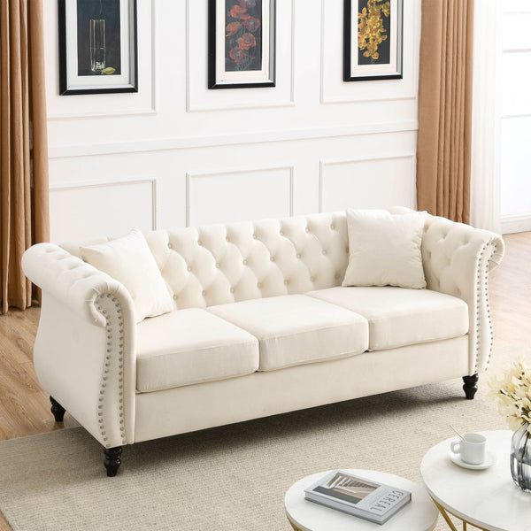 English Elm [video] Chesterfield Sofa Tufted Velvet with Nailhead Trim Rolled Arms Three Seat Living Room W834S00574