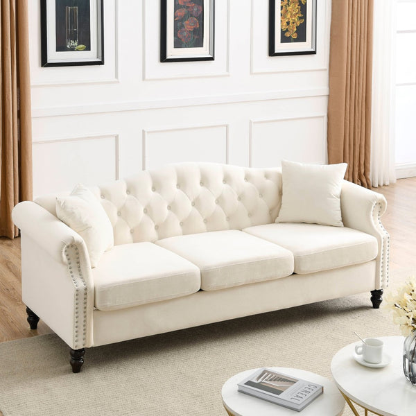 English Elm Elegant 79" Chesterfield Sofa In Beige Velvet - 3-Seater Couch With Tufted Design & Pillows W834S00118-GIGA