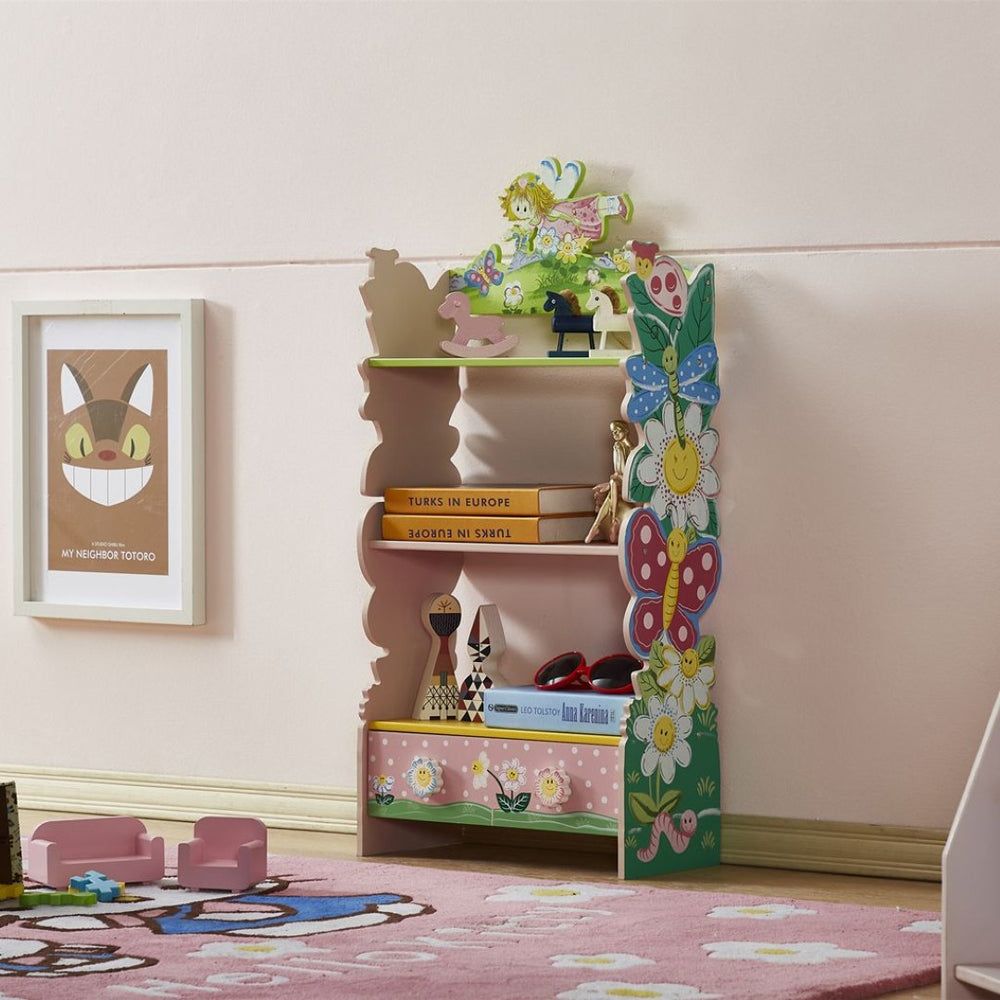 English Elm Kids Fairy Tale Floral Painted 3 Tier Bookcase with Drawers for Girls Playroom B05367936