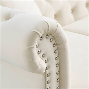 English Elm Elegant 80" Chesterfield Sofa In Plush Beige Velvet – 3-Seater Tufted Couch With Pillows W834S00114-GIGA