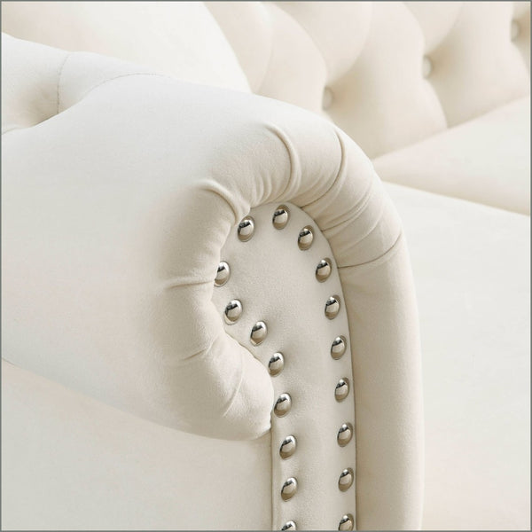 English Elm Elegant 80" Chesterfield Sofa In Plush Beige Velvet – 3-Seater Tufted Couch With Pillows W834S00114-GIGA