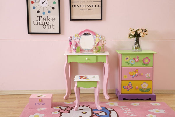 English Elm Kids Floral Girls Vanity Table and Stool Set with Storage for Bedroom Playroom B05367933