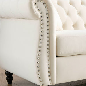 English Elm [video] Chesterfield Sofa Tufted Velvet with Nailhead Trim Rolled Arms Three Seat Living Room W834S00574