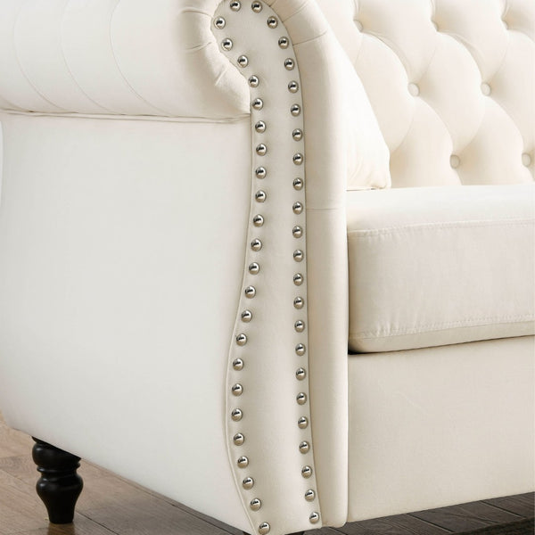English Elm [video] Chesterfield Sofa Tufted Velvet with Nailhead Trim Rolled Arms Three Seat Living Room W834S00574