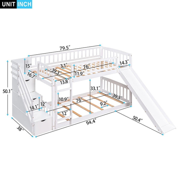 English Elm Stairway Twin Over Kids Bunk Bed with Storage Stairs Slide and White Finish LT100155AAK