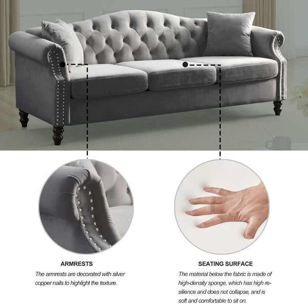 English Elm Elegant 79" Chesterfield Sofa In Soft Grey Velvet - 3 Seater Tufted Couch With Pillows W834S00117-GIGA
