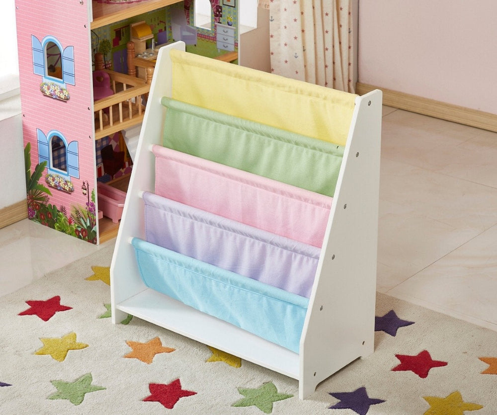 English Elm Kids Sling Bookcase White Mdf Frame with Colorful Canvas Pockets for Playroom Storage B05367929