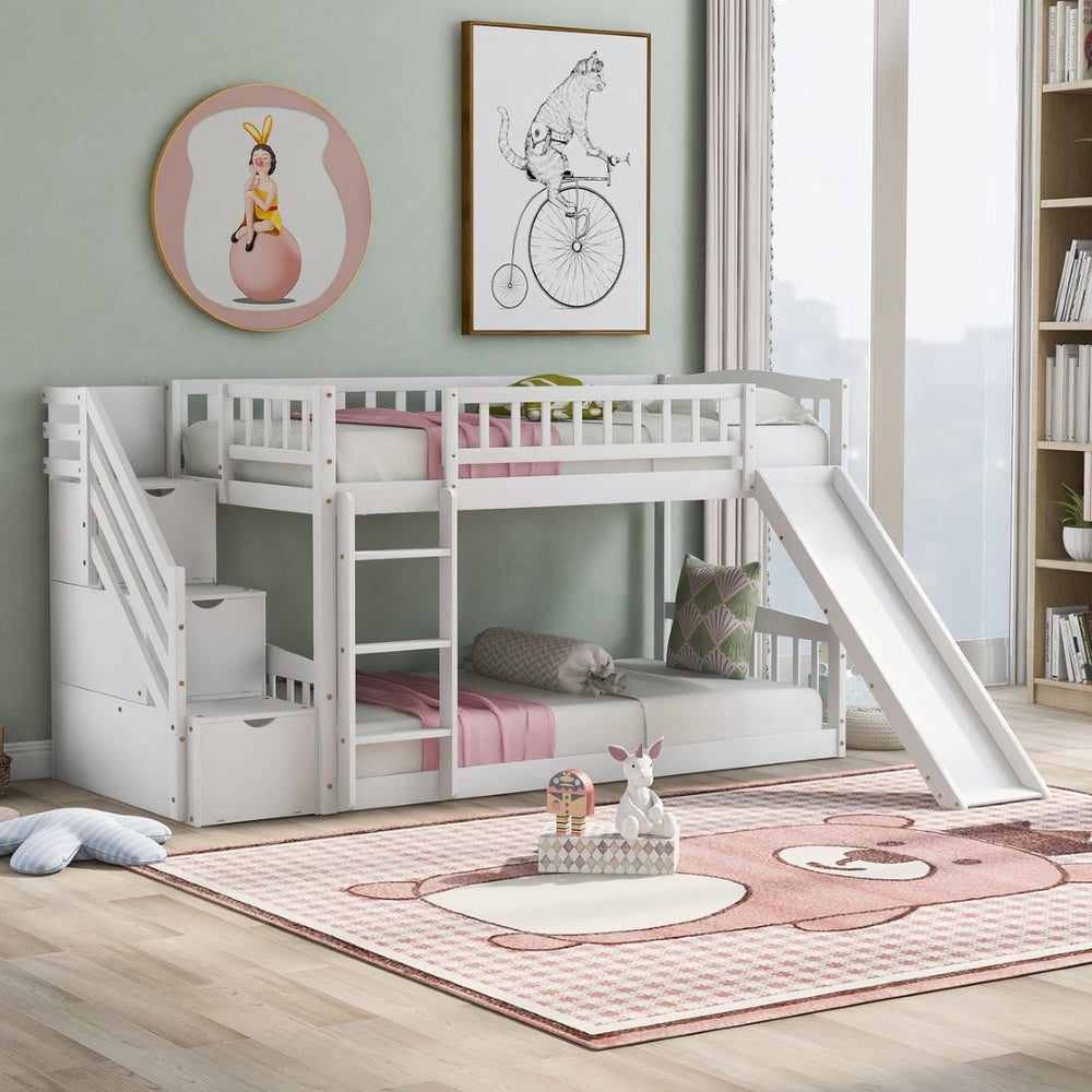 English Elm Stairway Twin Over Kids Bunk Bed with Storage Stairs Slide and White Finish LT100155AAK