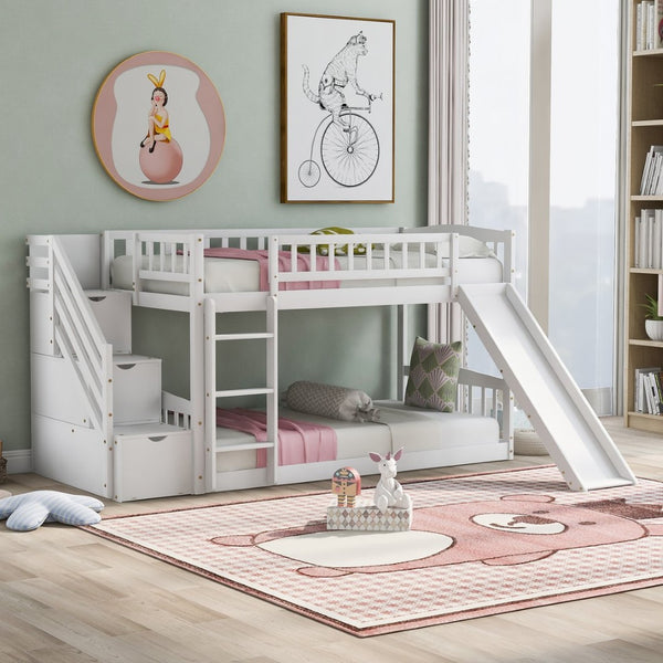 English Elm Stairway Twin Over Kids Bunk Bed with Storage Stairs Slide and White Finish LT100155AAK