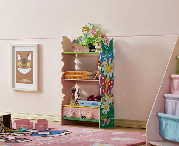 English Elm Kids Fairy Tale Floral Painted 3 Tier Bookcase with Drawers for Girls Playroom B05367936