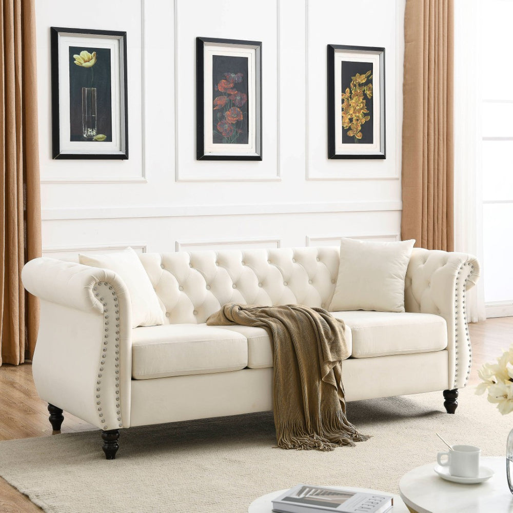 English Elm [video] Chesterfield Sofa Tufted Velvet with Nailhead Trim Rolled Arms Three Seat Living Room W834S00574