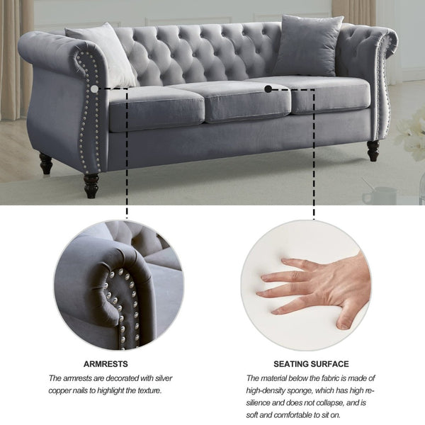 English Elm Elegant 80" Chesterfield Grey Velvet Sofa - 3-Seater Couch With Tufted Design & Pillows W834S00510-GIGA