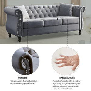English Elm Elegant 80" Chesterfield Grey Velvet Sofa - 3-Seater Tufted Couch With Pillows For Any Room W834S00113-GIGA