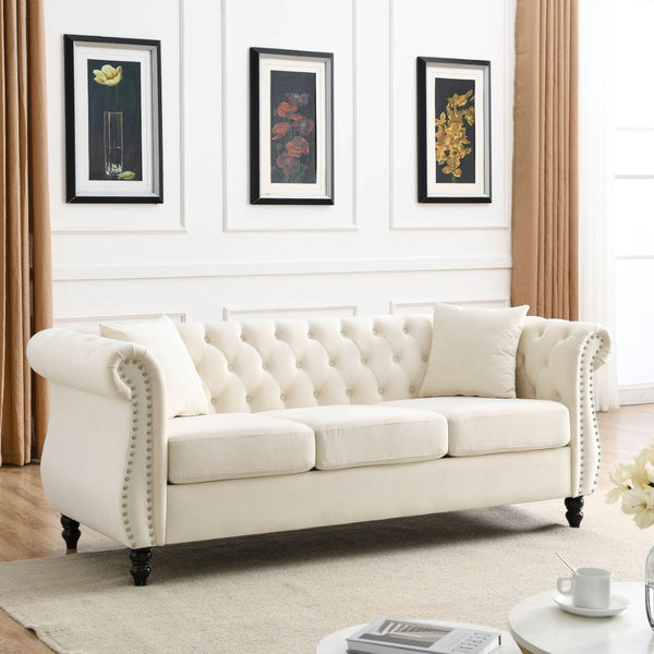 English Elm [video] Chesterfield Sofa Tufted Velvet with Nailhead Trim Rolled Arms Three Seat Living Room W834S00574