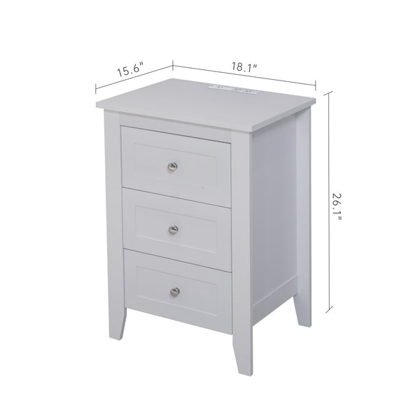 English Elm White 3 Drawer Nightstand with Built-in Usb Charging Station for Modern Bedrooms W141260296