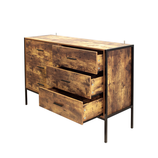 English Elm Industrial 6 Drawer Double Dresser – Rustic Brown Wood Storage Chest With Sturdy Steel Frame For Style W141260283