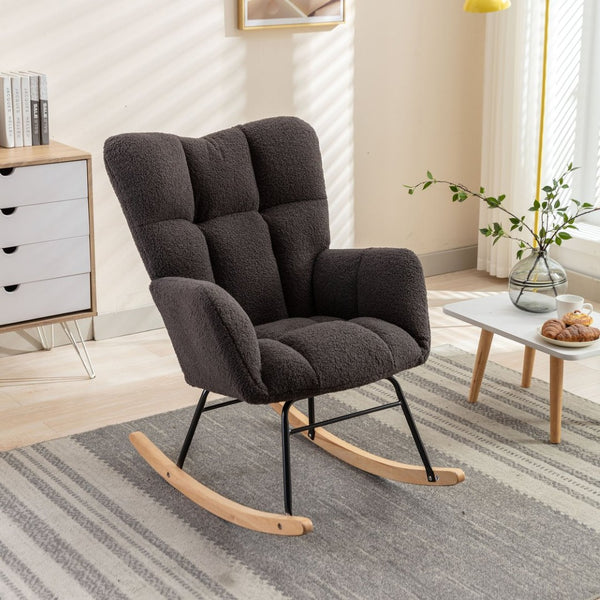 English Elm 050-teddy Plush Fabric Glider Rocking Chair Cozy Nursery and Living Room Accent Seat Dark Gray W527P209975