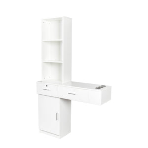 English Elm White modern vanity desk with multi-layer storage, 2 drawers & cabinet, hairdryer ports, space-saving W33163006