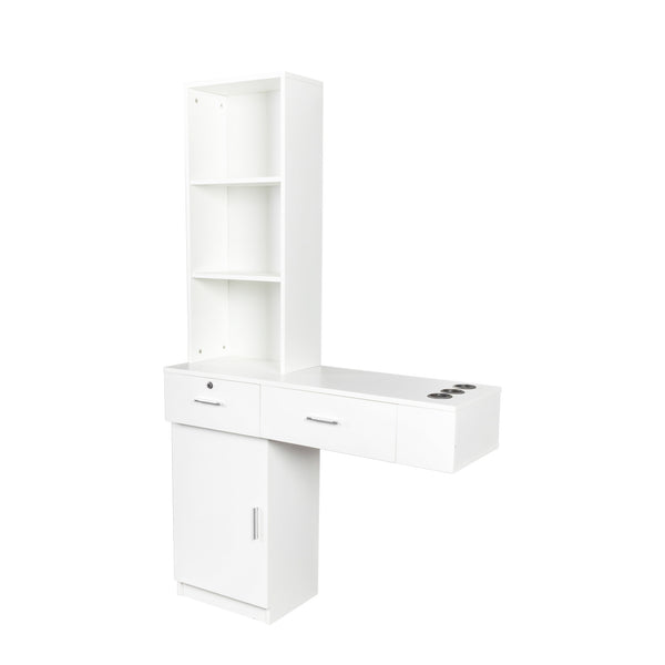 English Elm White modern vanity desk with multi-layer storage, 2 drawers & cabinet, hairdryer ports, space-saving W33163006