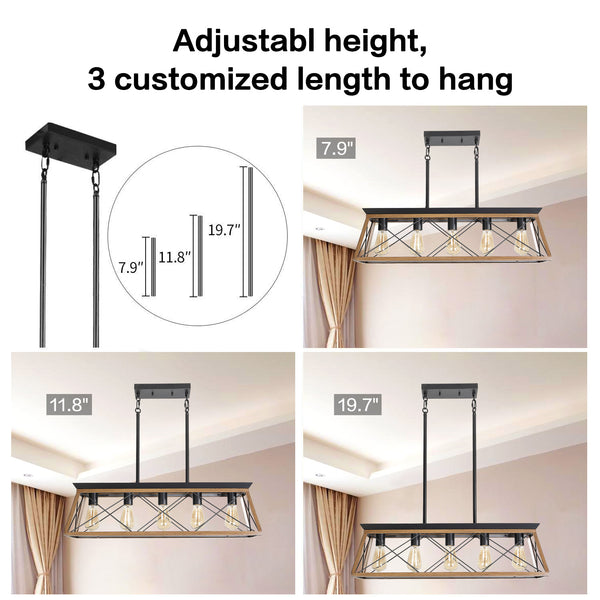 English Elm (Same As W134067498/L1003) 32" Walnut Industrial 5-Light Pendant Chandelier, Adjustable Modern Lighting Fixture W1340P206631