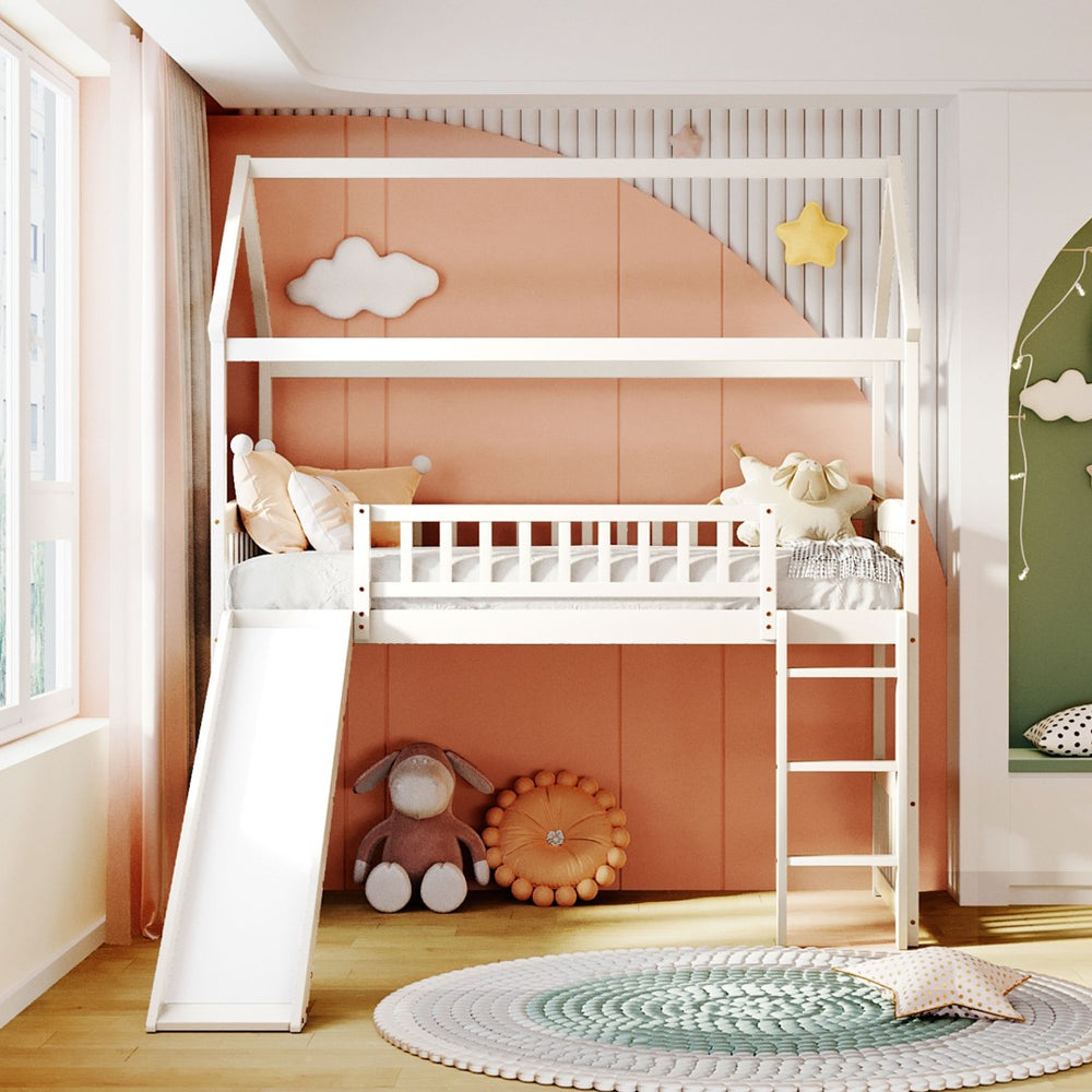 English Elm Twin Playhouse Loft Bed with Built-in Slide Solid Pine Frame Kids Bedroom LT001212AAK