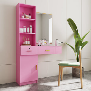 English Elm Pink Modern Hair Desk with Multi-Layer Storage, 2 Drawers & Cabinet, Hair Dryer Ports for Salon/Home W33163007