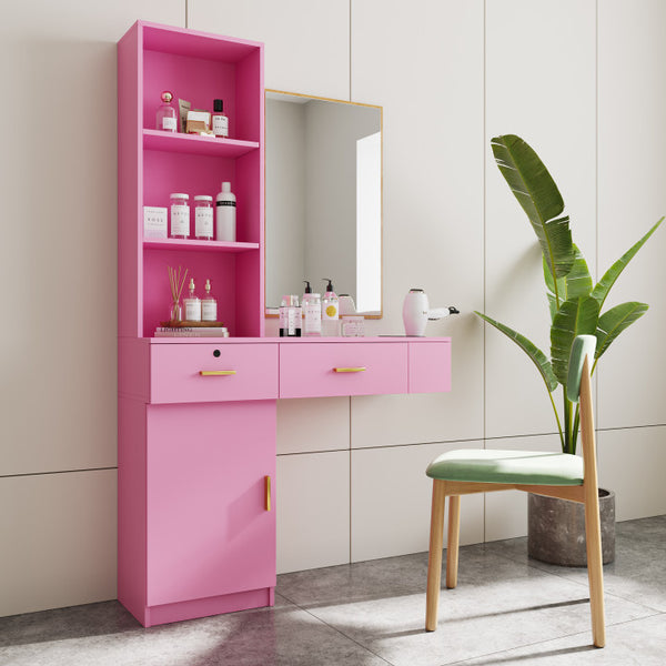 English Elm Pink Modern Hair Desk with Multi-Layer Storage, 2 Drawers & Cabinet, Hair Dryer Ports for Salon/Home W33163007
