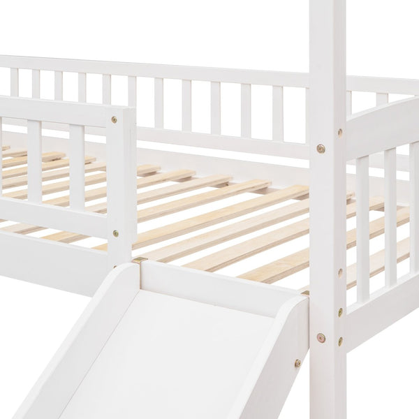 English Elm Twin Playhouse Loft Bed with Built-in Slide Solid Pine Frame Kids Bedroom LT001212AAK